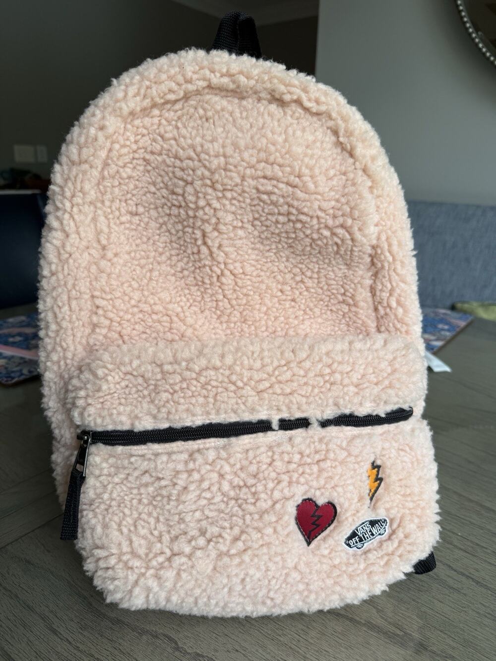 Vans Off The Wall Backpack Pink Sherpa Heart Lightening Logo On Front